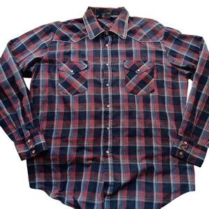 Vintage Cowboy Shirt XL Western Plaid Snap Red & Blue Gingham Thin 80s